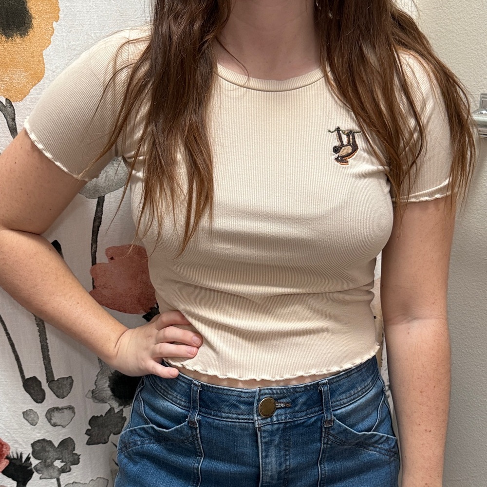 Women’s wild fable Cream Colored Embroidered Sloth Crop Top. Size M.